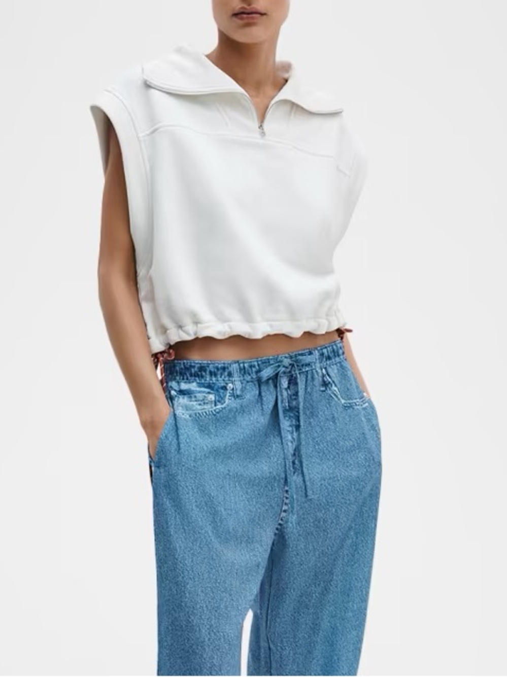 Sleeveless Quarter-Zip Drawstring Crop Top - Light Lavender